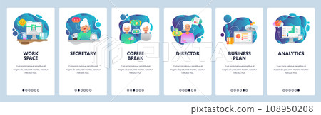 Mobile app onboarding screens. Office, coffee break, business analytics, work space. Menu vector banner template for website and mobile development. Web site design flat illustration 108950208