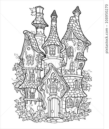 Forest fairytale castle, black and white coloring, vector 108950270