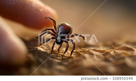 Dangerous biting Tick on a human hand is a carrier of infections and viruses. Parasitic mite. 108950349