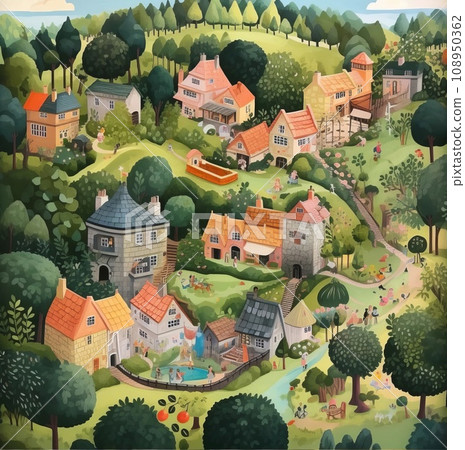 Natural landscape cartoon illustration, trees, forest, plants, houses. Beautiful landscape of nature. illustration Natural landscape cartoon illustration, trees, forest, plants, houses. Beautiful landscape of nature. illustration 108950362