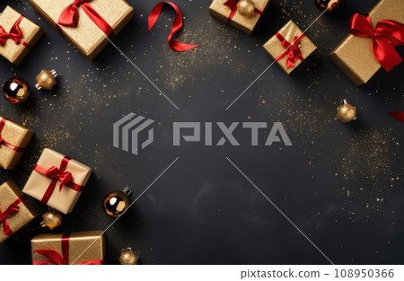 christmas decoration with gifts. flat lay view background with copy space christmas decoration with gifts. flat lay view background with copy space 108950366