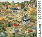 Natural landscape cartoon illustration, trees, forest, plants, houses. Beautiful landscape of nature. illustration 108950444