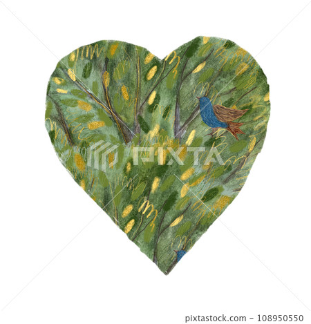 Hand-painted watercolor bird on a green bush heart isolated on white 108950550