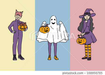 Cheerful kids in halloween outfits invite to go for treats and hold pumpkins in hands 108950785