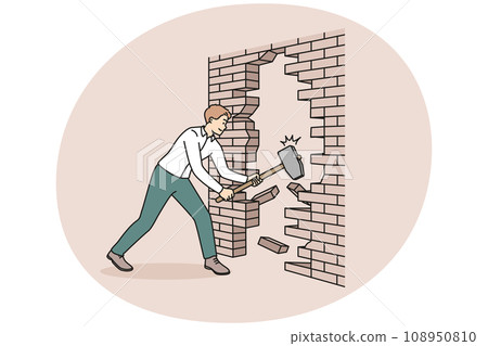 Businessman with hammer break wall Businessman with hammer break wall 108950810