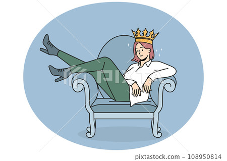 Confident woman in crown sitting on chair 108950814