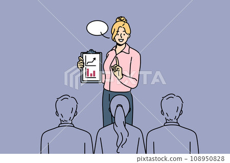 Successful business woman speaks at presentation showing clipboard with growing financial graphs Successful business woman speaks at presentation showing clipboard with growing financial graphs 108950828