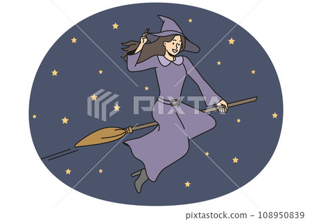 Smiling witch fly in sky on broom 108950839
