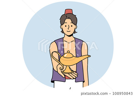 Smiling Aladdin holding wonderful lamp Smiling Aladdin holding wonderful lamp 108950843