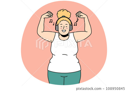 Overjoyed fat woman training listening to music 108950845