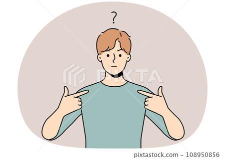 Frustrated man feel confused point at himself Frustrated man feel confused point at himself 108950856