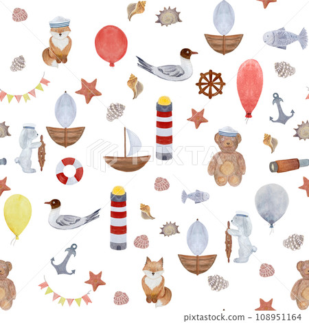 Watercolor sailor toys celebration pattern isolated on white Watercolor sailor toys celebration pattern isolated on white 108951164