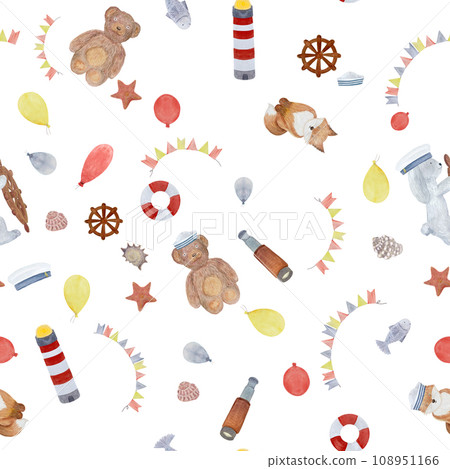 Watercolor sailor toys celebration pattern isolated on white Watercolor sailor toys celebration pattern isolated on white 108951166