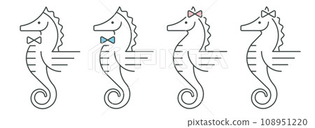 A pair of seahorses drawn in a simple black and white monoline style 108951220