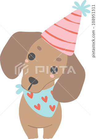 Birthday Dog, Cute Dachshund Sausage Dog with balloons , Festive and Playful Pet in Colorful Party Theme 108951311