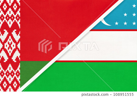 Belarus and Uzbekistan, symbol of country. Belarusian vs Uzbekistani national flags. 108951555