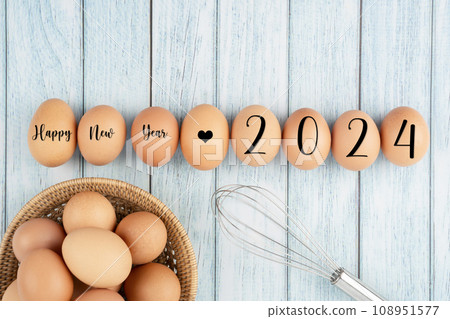 Happy new year 2024 on fresh eggs. 108951577