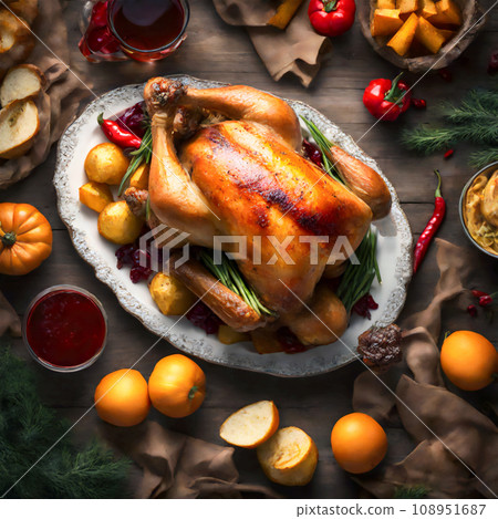 Festive baked poultry (chicken or turkey) with vegetables. 108951687