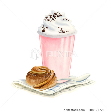 Milkshake with whipped cream and cinnamon rolled bun with spoon and napkin watercolor illustration isolated on white background. Fast food sweet delicious dessert. 108951726
