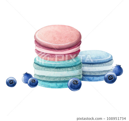 Macaroons pyramid in pastel pink and teal colors with blueberries illustration isolated on white background. Delicious dessert food for cafe and bakeries 108951734