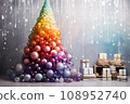 rainbow Christmas tree in a bright room 108952740