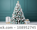 Christmas tree, with turquoise and white balls and boxes with gifts in a bright room 108952745