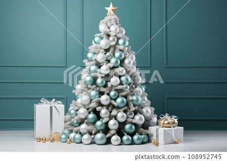 Christmas tree, with turquoise and white balls and boxes with gifts in a bright room 108952745