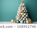 Christmas tree, with turquoise and white balls and boxes with gifts in a bright room 108952746