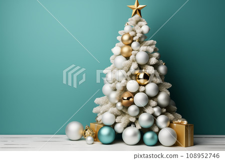 Christmas tree, with turquoise and white balls and boxes with gifts in a bright room 108952746