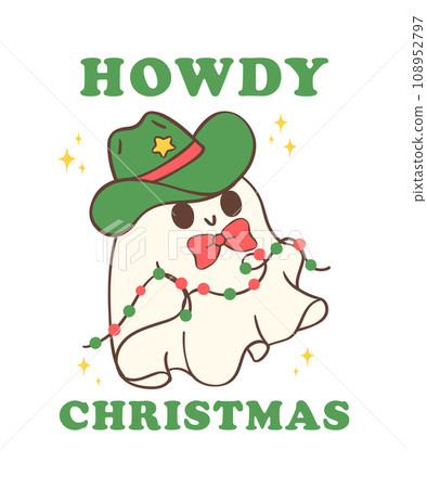 Cute and Kawaii Christmas Cowboy Ghost. Festive Holiday Cartoon Hand Drawing with Adorable Pose Cute and Kawaii Christmas Cowboy Ghost. Festive Holiday Cartoon Hand Drawing with Adorable Pose 108952797