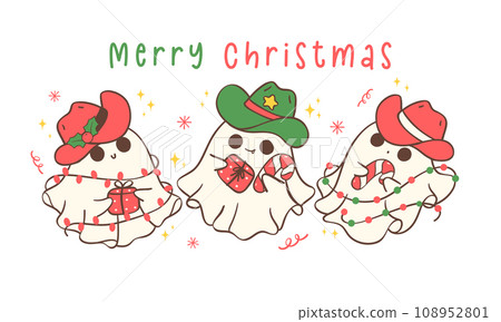 Group of Cute and Kawaii Christmas Cowboy Ghosts. Festive Holiday Banner Cartoon Hand Drawing with Adorable Pose Group of Cute and Kawaii Christmas Cowboy Ghosts. Festive Holiday Banner Cartoon Hand Drawing with Adorable Pose 108952801