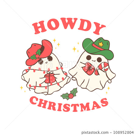 Cute and Kawaii Christmas Cowboy Ghosts. Festive Holiday Cartoon Hand Drawing with Adorable Pose 108952804