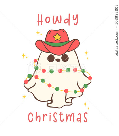 cute and kawaii Christmas cowboy ghost in a festive hand drawing. This adorable pose, with a hat and light, adds whimsy and joy to your festive projects. cute and kawaii Christmas cowboy ghost in a festive hand drawing. This adorable pose, with a hat and light, adds whimsy and joy to your festive projects. 108952805