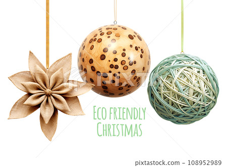 Eco friendly Christmas. Homemade Christmas ornaments made of natural biodegradable materials. Ecology, environmental conservation, zero waste concept. Isolated on white background 108952989