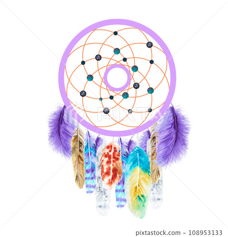 Watercolor illustration of a dream catcher with feathers and beads. hand drawing 108953133