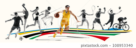 Set with monochrome professional sportsmen and one basketball player colorful in motion against abstract colorful geometry, creative background. Set with monochrome professional sportsmen and one basketball player colorful in motion against abstract colorful geometry, creative background. 108953340