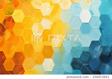 Colorful oil painting abstract template) Rough hexagons in blue green, orange and yellow. AI generated image 108953641