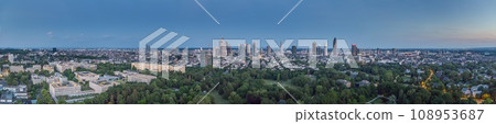 Wide angle drone panorama over the German city Frankfurt am Main during sunset 108953687