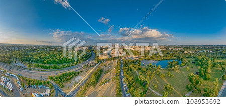 Wide angle drone panorama over the German city Frankfurt am Main during sunset Wide angle drone panorama over the German city Frankfurt am Main during sunset 108953692