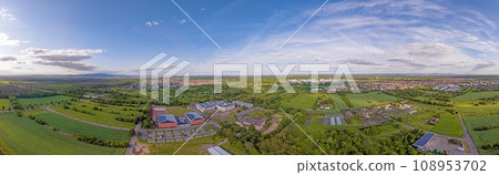 Drone panorama over the outskirts of Frankfurt with the city of Moerfelden-Walldorf and the airport Drone panorama over the outskirts of Frankfurt with the city of Moerfelden-Walldorf and the airport 108953702