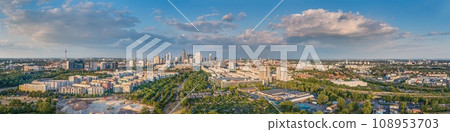 Wide angle drone panorama over the German city Frankfurt am Main during sunset Wide angle drone panorama over the German city Frankfurt am Main during sunset 108953703