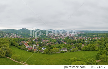 Drone panorama of thuringian city Eisenach with Wartburg castle during daytime 108953717