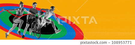 Creative set with different people, professional sportsmen individual and team kinds of sport against abstract colorful geometry, creative background. Creative set with different people, professional sportsmen individual and team kinds of sport against abstract colorful geometry, creative background. 108953771
