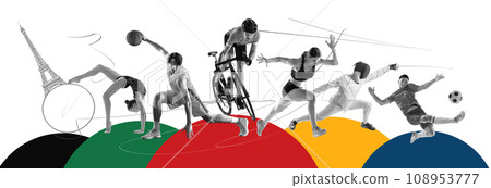 Set with different people, professional sportsmen individual and team kinds of sport in motion against abstract colorful geometry, creative background. 108953777