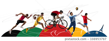 Modern collage of different professional sportsman in motion isolated abstract colorful geometry, creative background. Modern collage of different professional sportsman in motion isolated abstract colorful geometry, creative background. 108953787