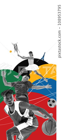 Modern collage of professional sportsman isolated abstract colorful geometry, creative background with negative space for text. 108953795
