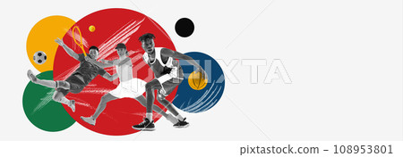 Collage of different professional sportsman isolated abstract colorful geometry, creative background with negative space for text. Concept of kinds of sport. Collage of different professional sportsman isolated abstract colorful geometry, creative background with negative space for text. Concept of kinds of sport. 108953801