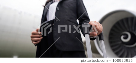 Tourist travel concept. young business woman holding the luggage at the airport Tourist travel concept. young business woman holding the luggage at the airport 108953935