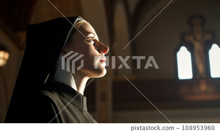 Young Catholic nun praying in catholic church. 108953960