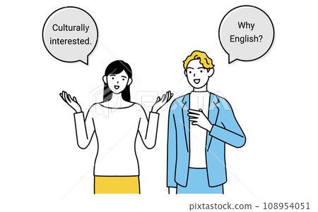 English conversation, Japanese woman talking in English with a white man, with speech bubbles 108954051